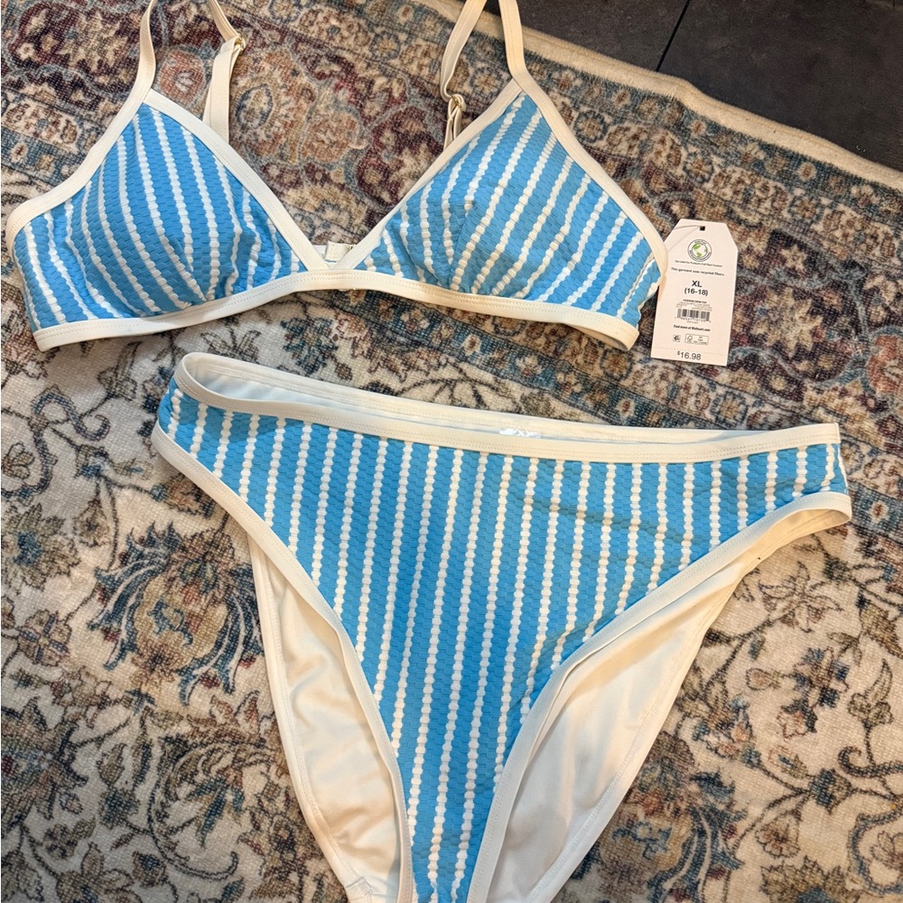 Time and Tru Blue and White Striped Bikini Set